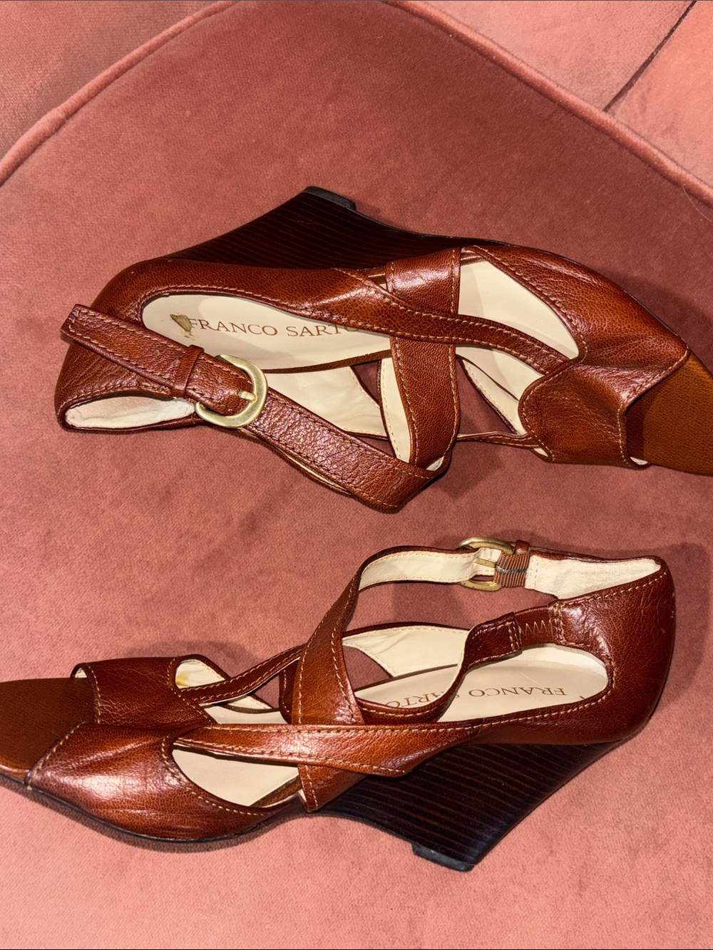 Franco Sarto heels open toe strappy leather wooden narrow wedge women’s 8.5 - Picture 7 of 16